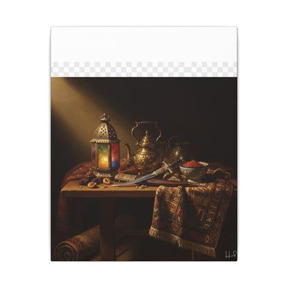 Oriental Still Life Canvas — Vintage Brass Teapot & Lantern Wall Art