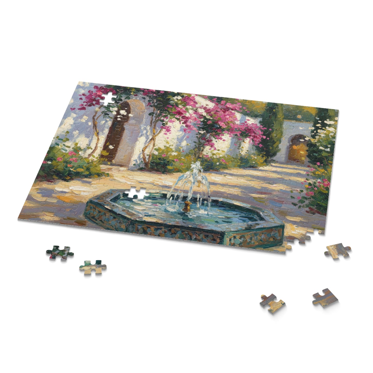 Mediterranean Courtyard Puzzle — Fountain & Bougainvillea 120/252/500-Piece Jigsaw