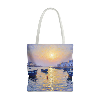 Sunset Harbor Tote Bag - Seaside Boats Art Print