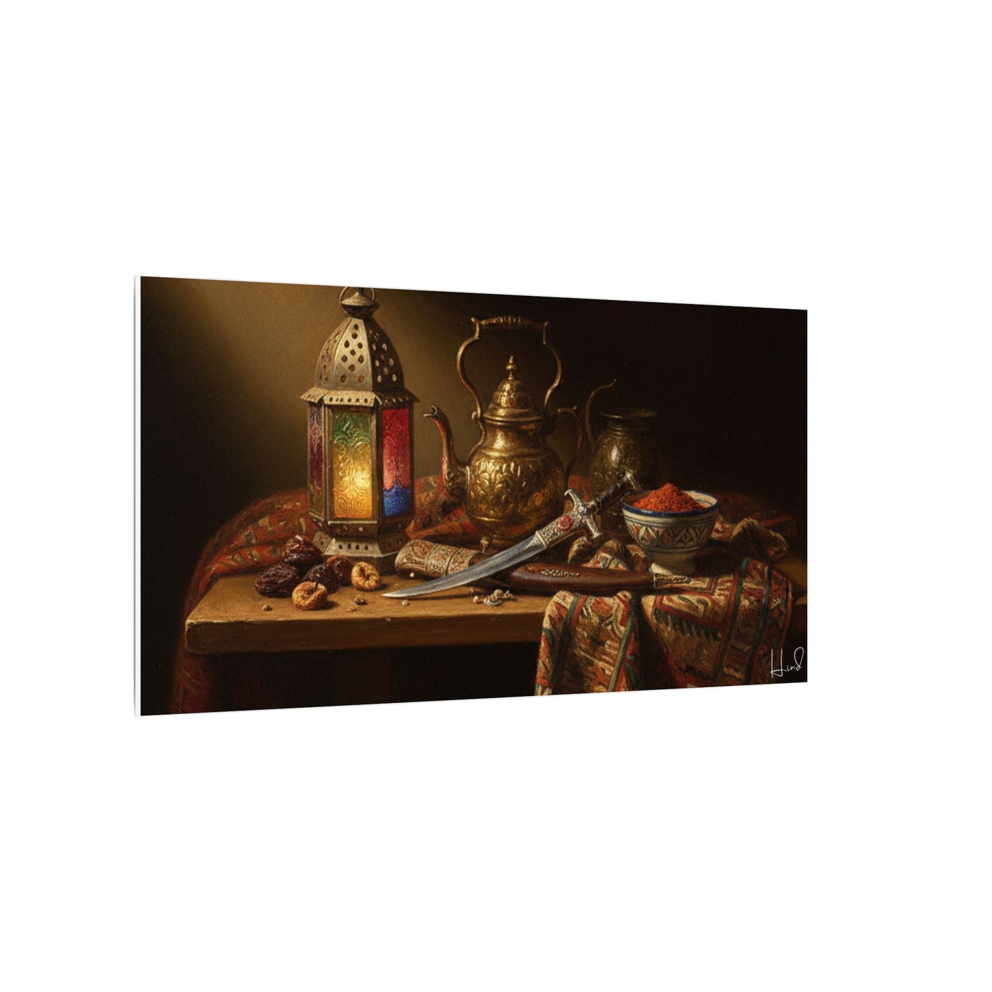 Oriental Still Life Canvas — Vintage Brass Teapot & Lantern Wall Art