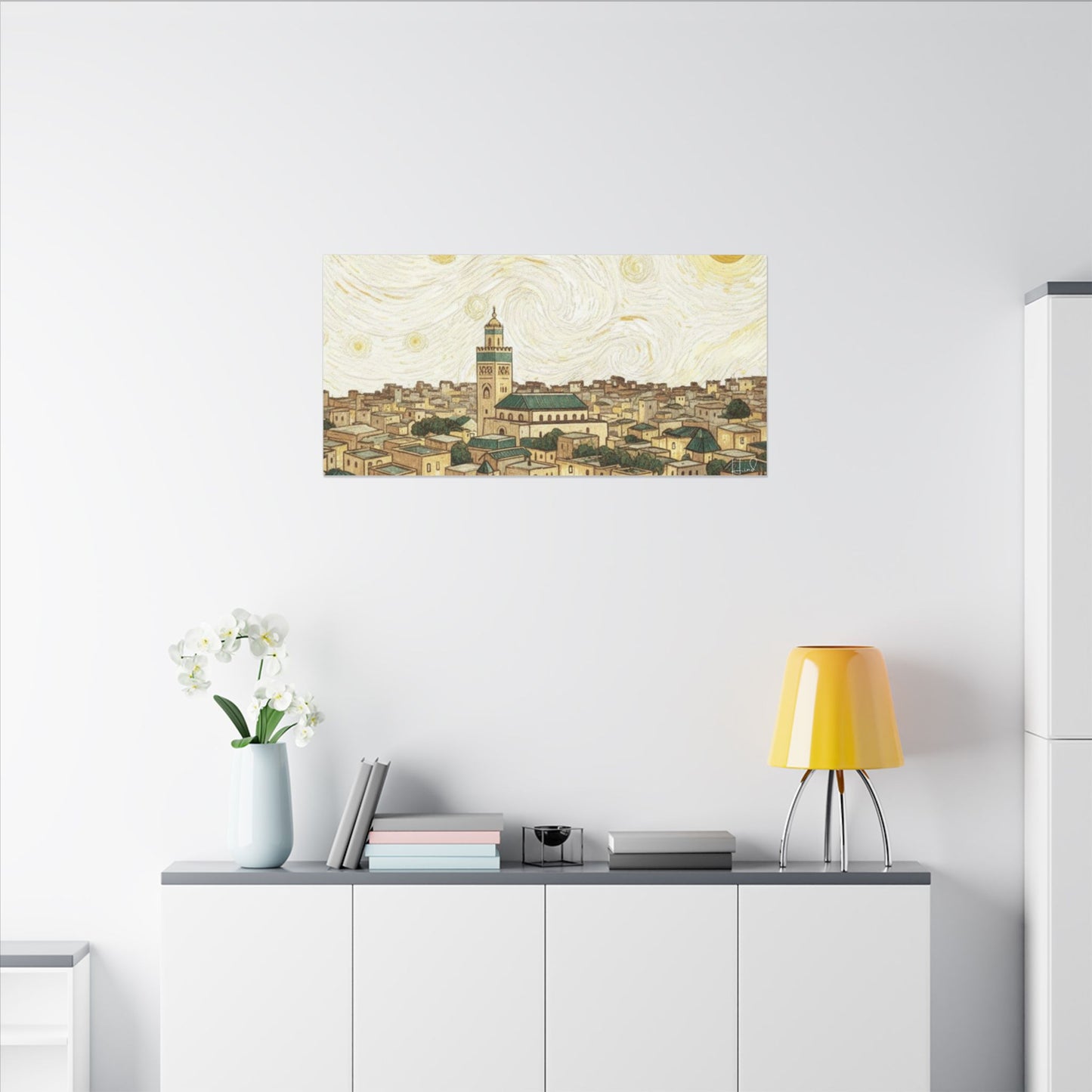 Moroccan Cityscape Canvas Print — Starry Night-Inspired Mosque Wall Art