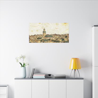 Moroccan Cityscape Canvas Print — Starry Night-Inspired Mosque Wall Art