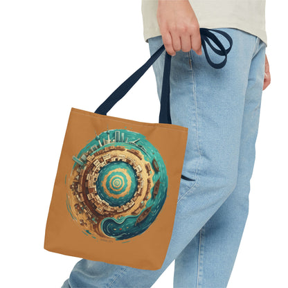 Round Cityscape Tote Bag — Abstract Turquoise & Gold Planet Design