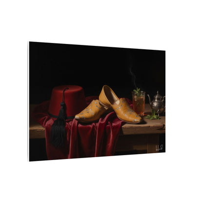 Nature morte sur toile — Chaussures en cuir et fez, décoration murale