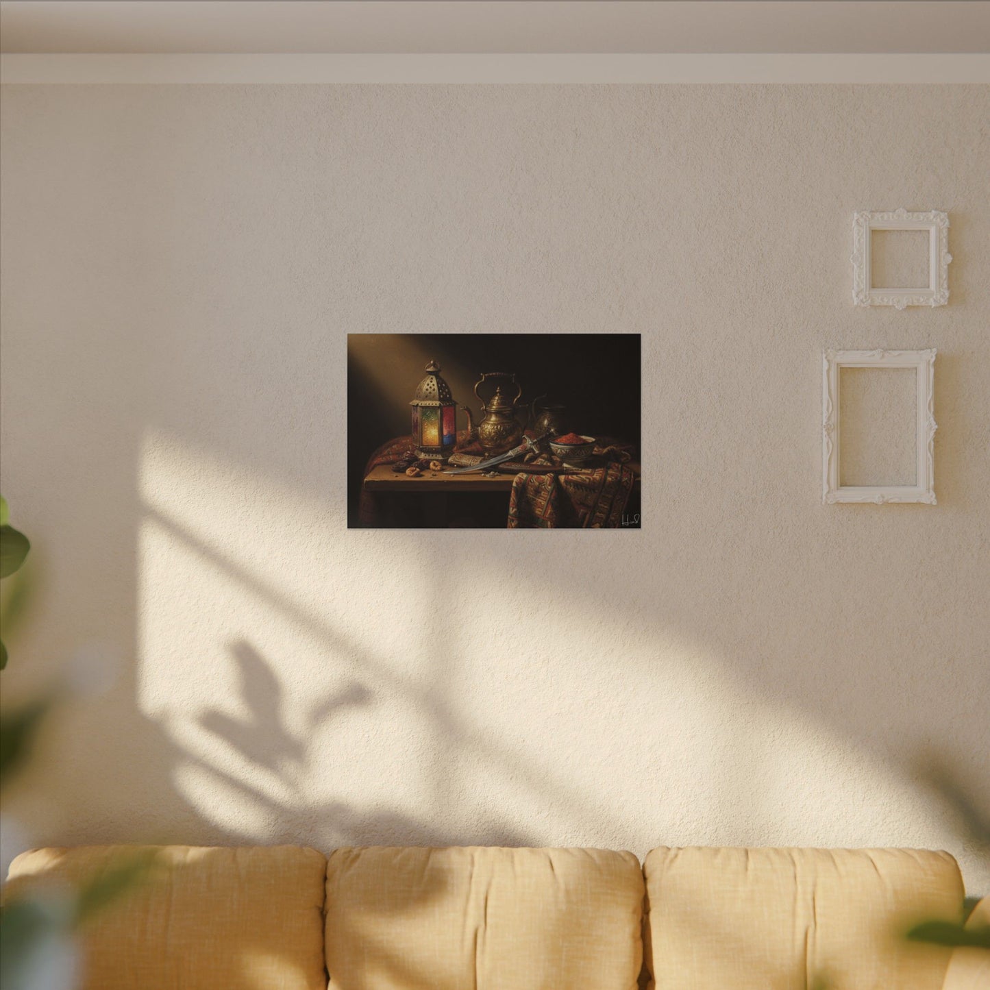 Oriental Still Life Canvas — Vintage Brass Teapot & Lantern Wall Art