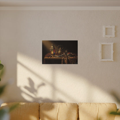 Oriental Still Life Canvas — Vintage Brass Teapot & Lantern Wall Art