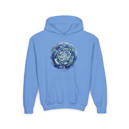 Youth Hoodie — Blue Geometric Mandala Graphic
