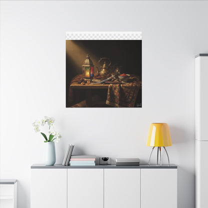 Oriental Still Life Canvas — Vintage Brass Teapot & Lantern Wall Art