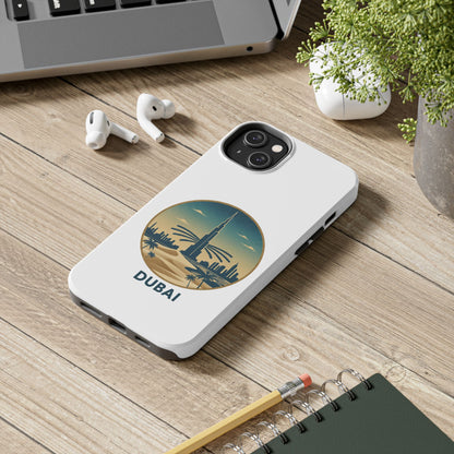 Coque de téléphone résistante motif skyline de Dubaï — Étui de voyage rétro palmiers du désert