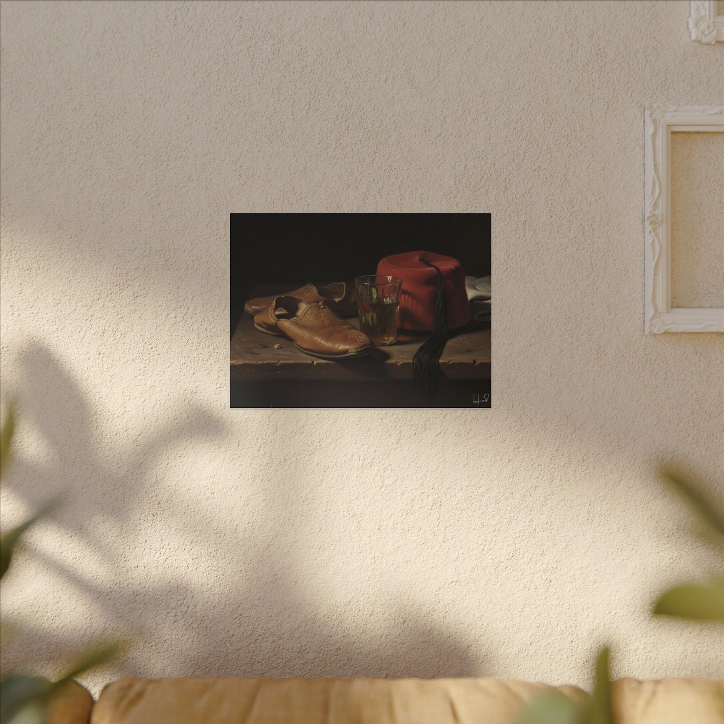 Still Life Canvas Print — Leather Shoes & Red Fez Wall Art