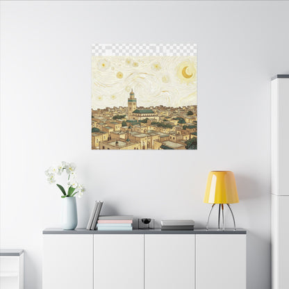 Moroccan Cityscape Canvas Print — Starry Night-Inspired Mosque Wall Art