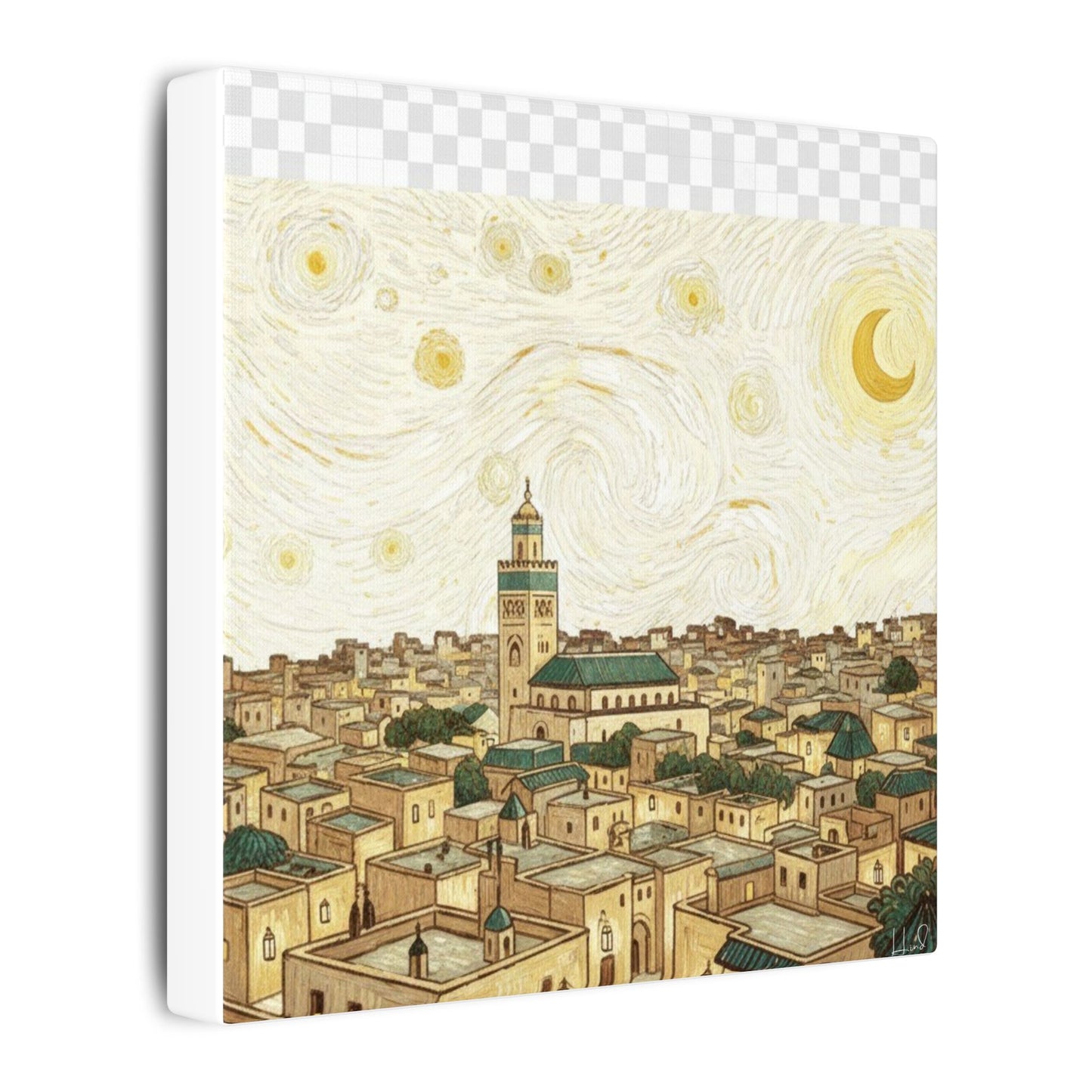 Moroccan Cityscape Canvas Print — Starry Night-Inspired Mosque Wall Art