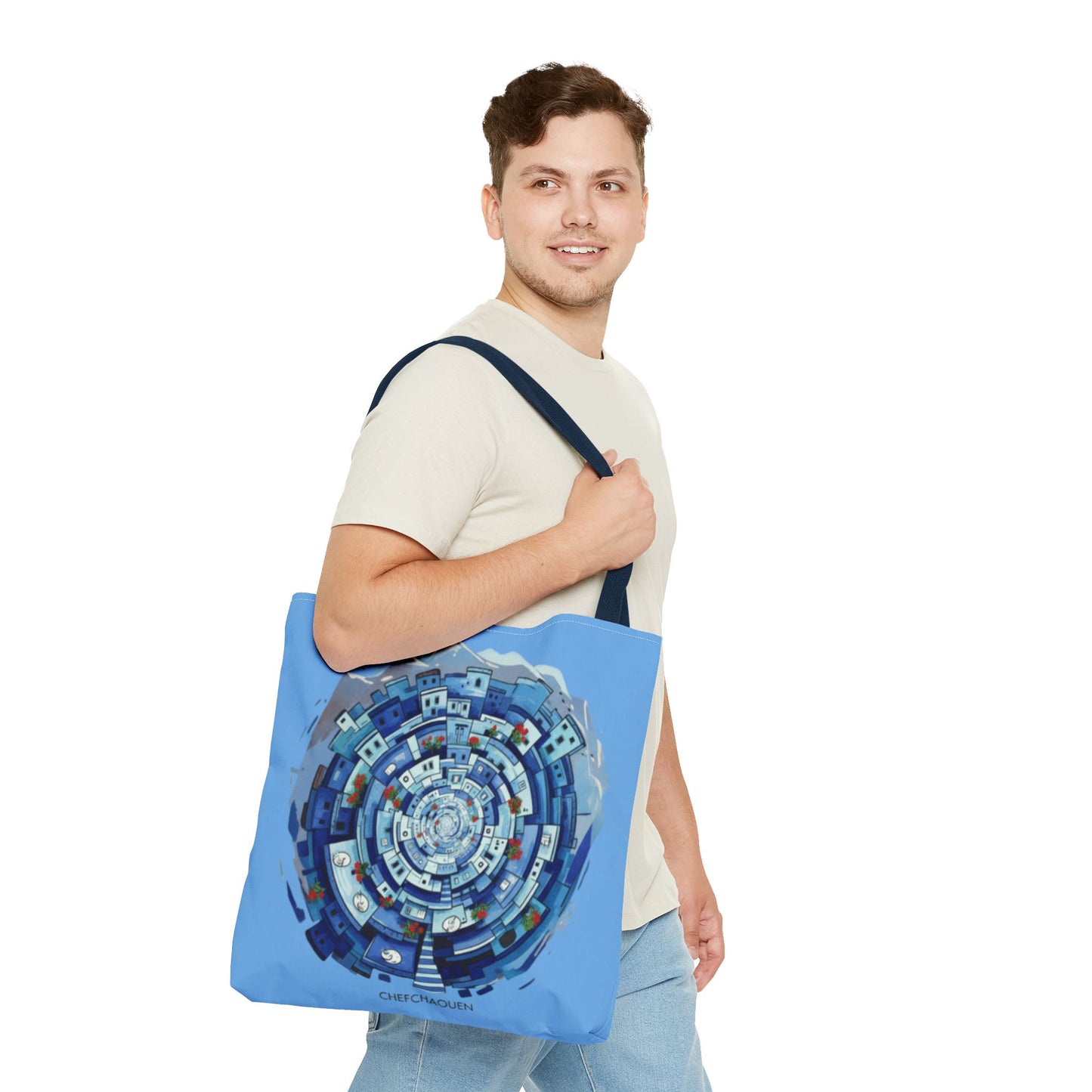 Blue Circular Cityscape Tote Bag — Abstract Urban Spiral All-Over Print Tote