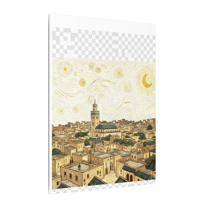 Moroccan Cityscape Canvas Print — Starry Night-Inspired Mosque Wall Art