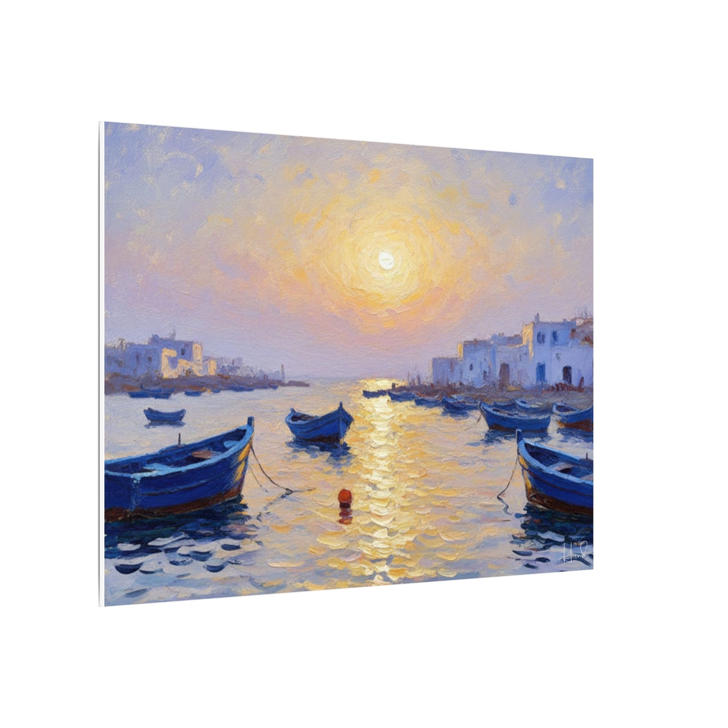 Seaside Sunset Canvas Print — Boats on Tranquil Harbor Wall Art