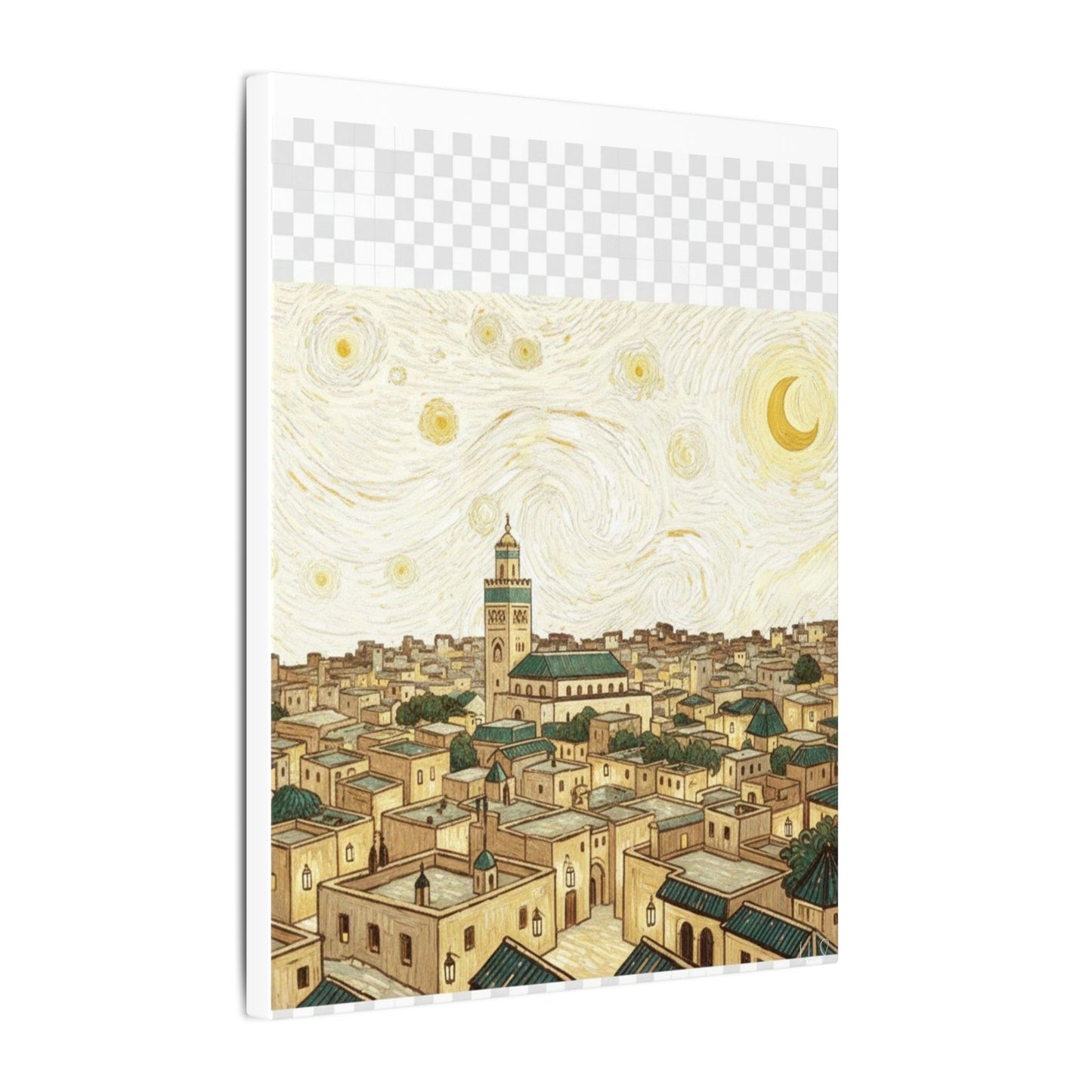 Moroccan Cityscape Canvas Print — Starry Night-Inspired Mosque Wall Art