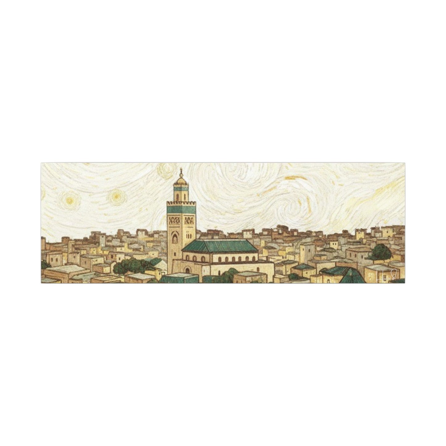 Moroccan Cityscape Canvas Print — Starry Night-Inspired Mosque Wall Art