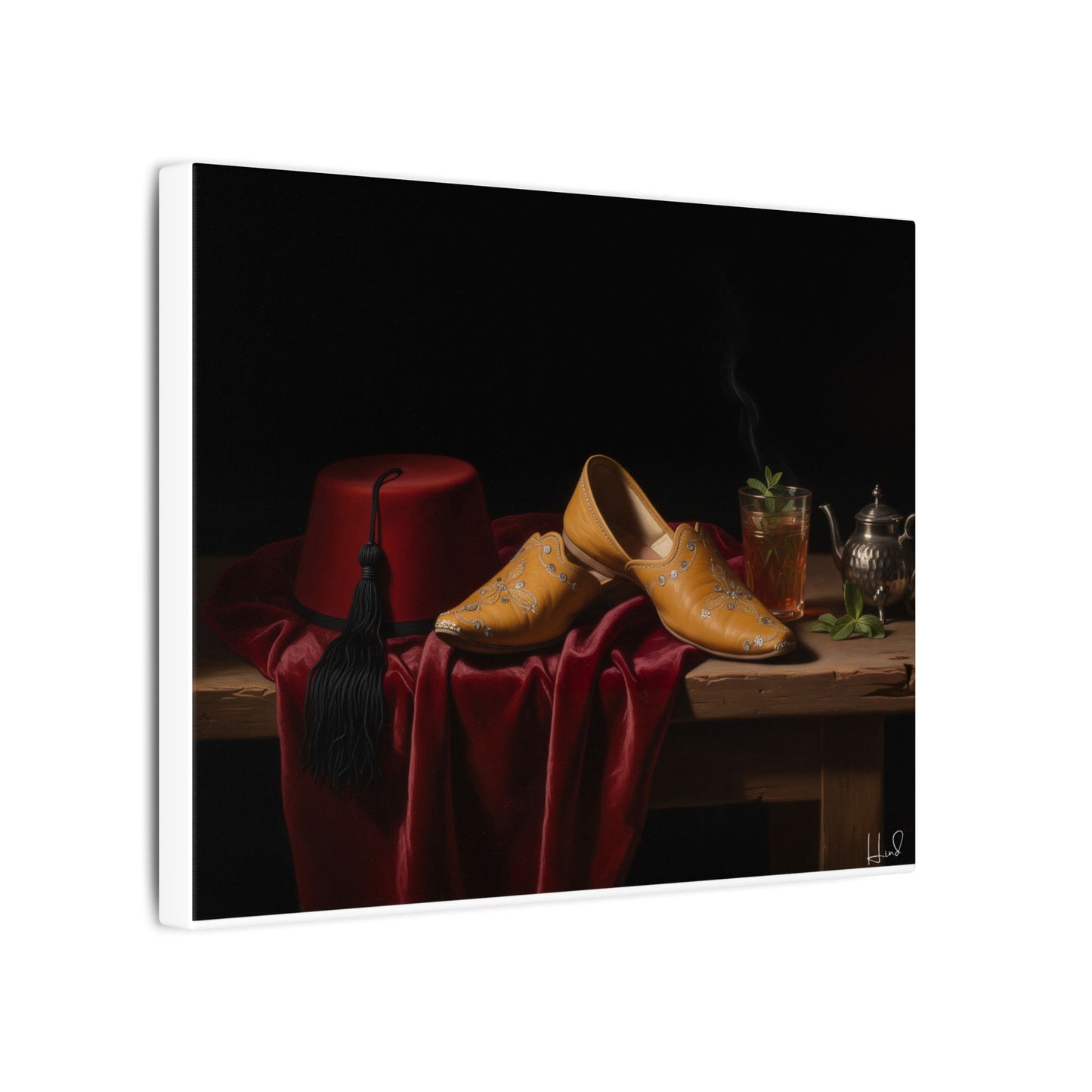 Nature morte sur toile — Chaussures en cuir et fez, décoration murale