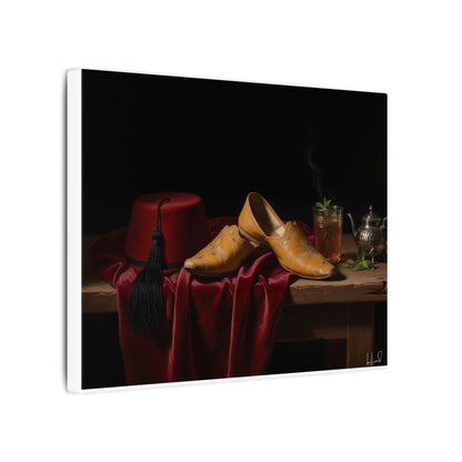 Nature morte sur toile — Chaussures en cuir et fez, décoration murale
