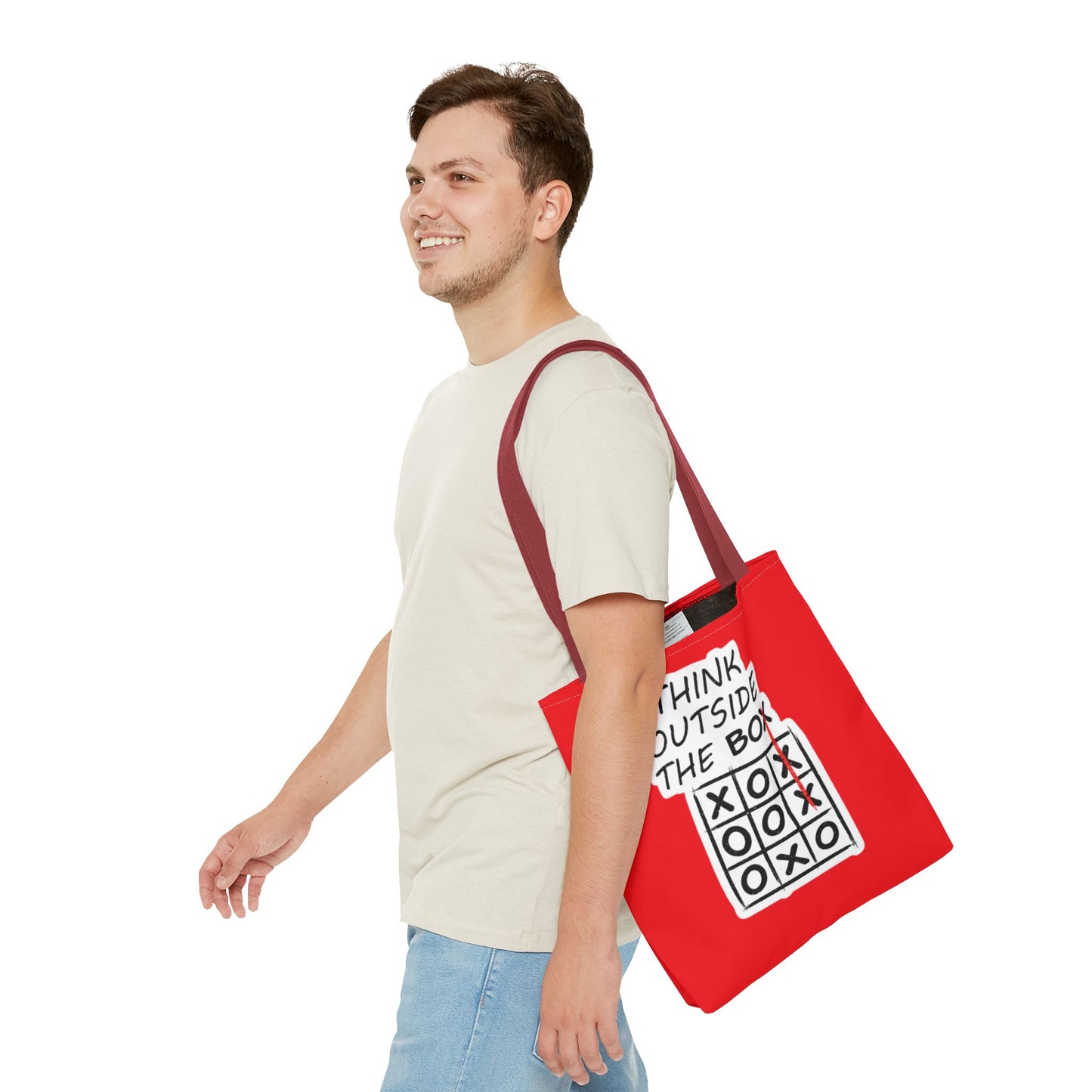 Think Outside the Box Tote Bag — Red Tic-Tac-Toe Motivational Canvas Tote