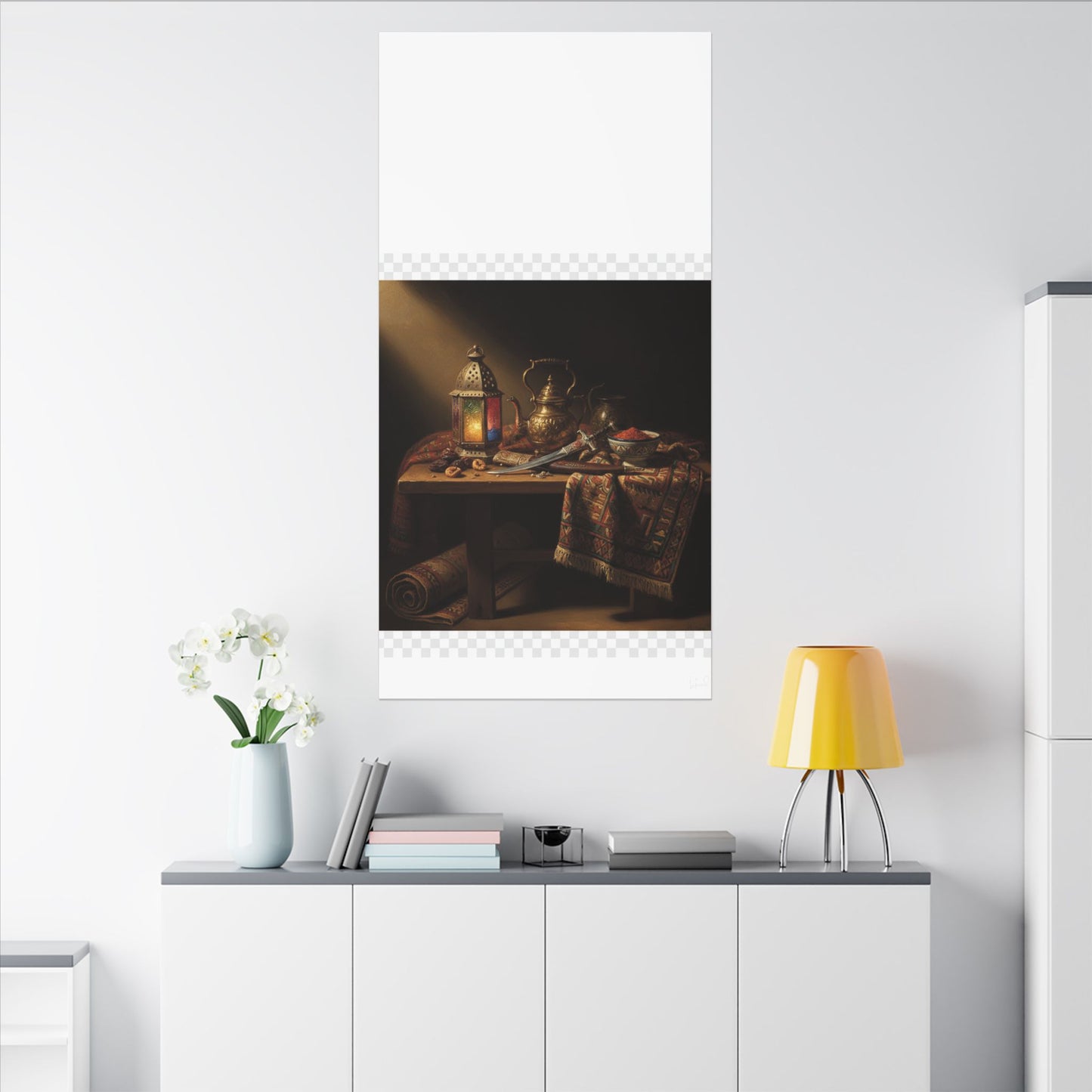 Oriental Still Life Canvas — Vintage Brass Teapot & Lantern Wall Art