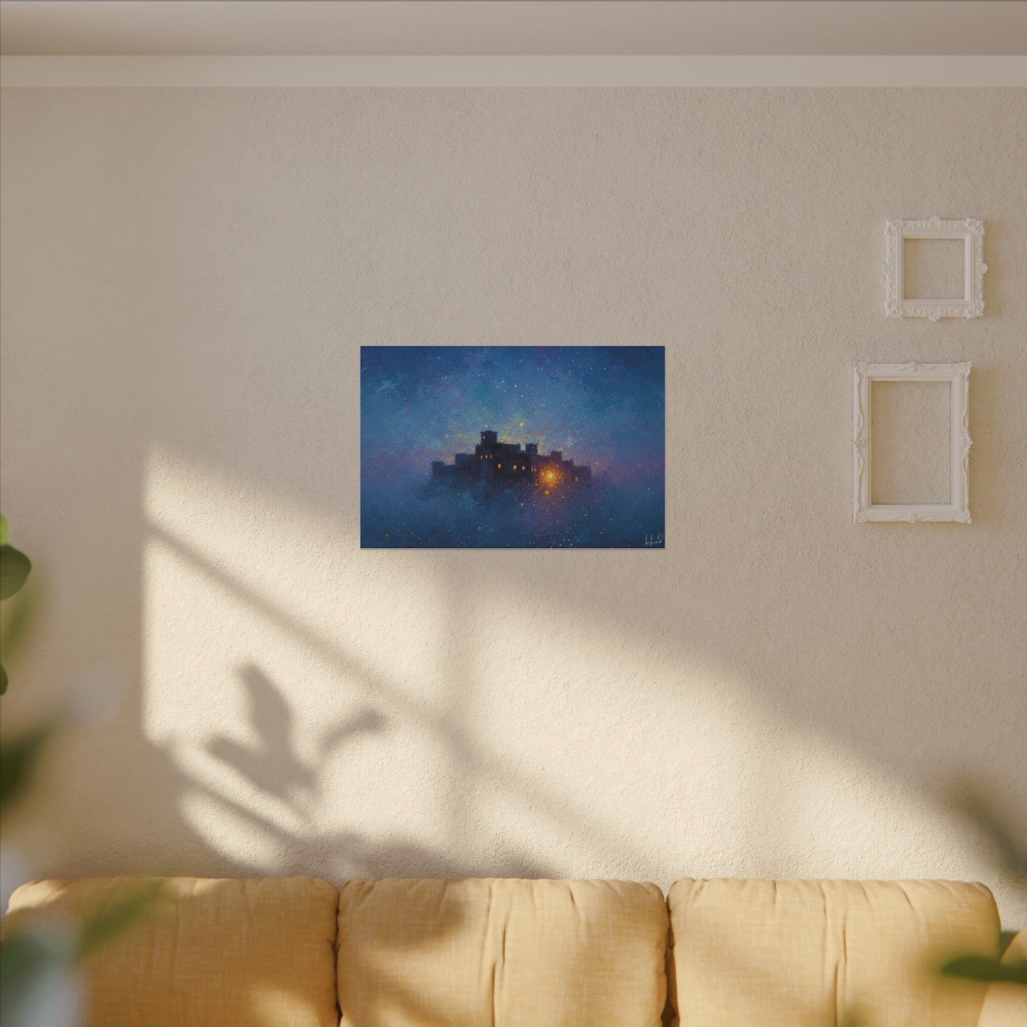 Tableau sur toile mate « Forteresse de la Nuit Étoilée » — Paysage mystique de château bleu