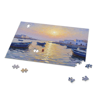Seaside Sunset Puzzle — Impressionist Harbor Scene (120/252/500 Piece)