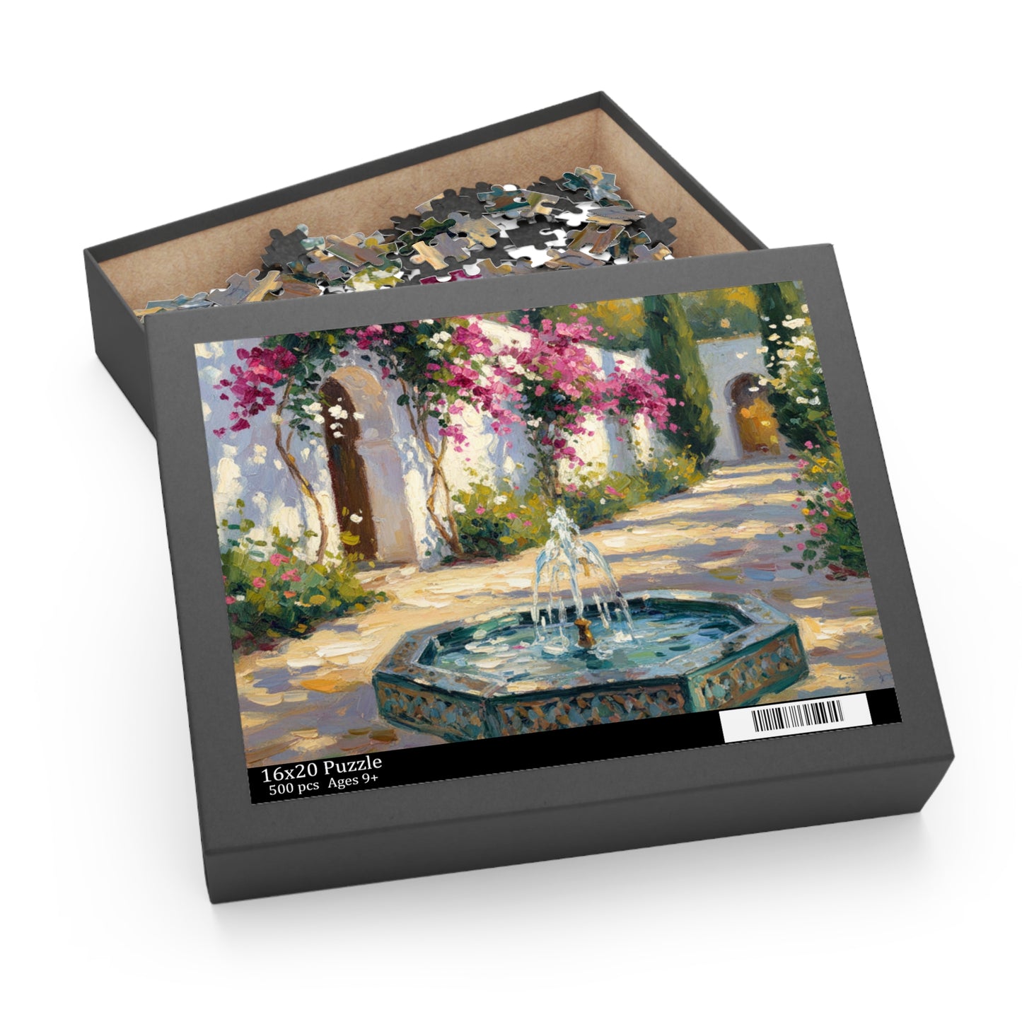 Mediterranean Courtyard Puzzle — Fountain & Bougainvillea 120/252/500-Piece Jigsaw