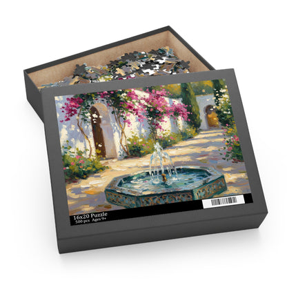 Mediterranean Courtyard Puzzle — Fountain & Bougainvillea 120/252/500-Piece Jigsaw