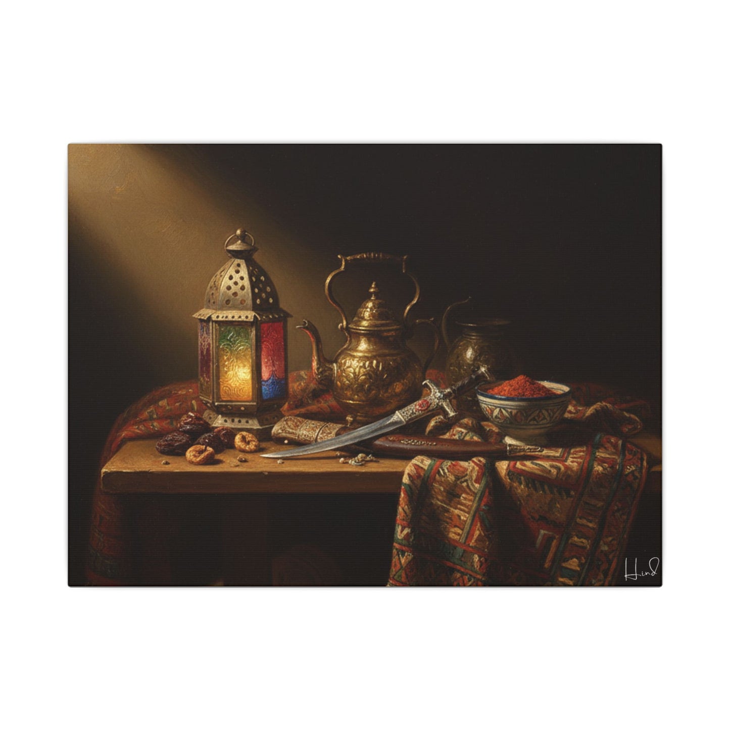 Oriental Still Life Canvas — Vintage Brass Teapot & Lantern Wall Art