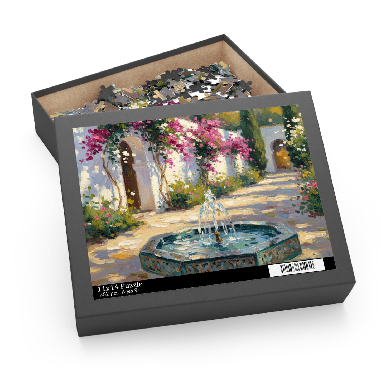 Mediterranean Courtyard Puzzle — Fountain & Bougainvillea 120/252/500-Piece Jigsaw