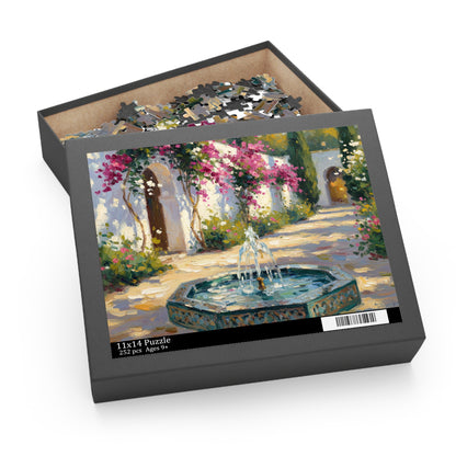Mediterranean Courtyard Puzzle — Fountain & Bougainvillea 120/252/500-Piece Jigsaw