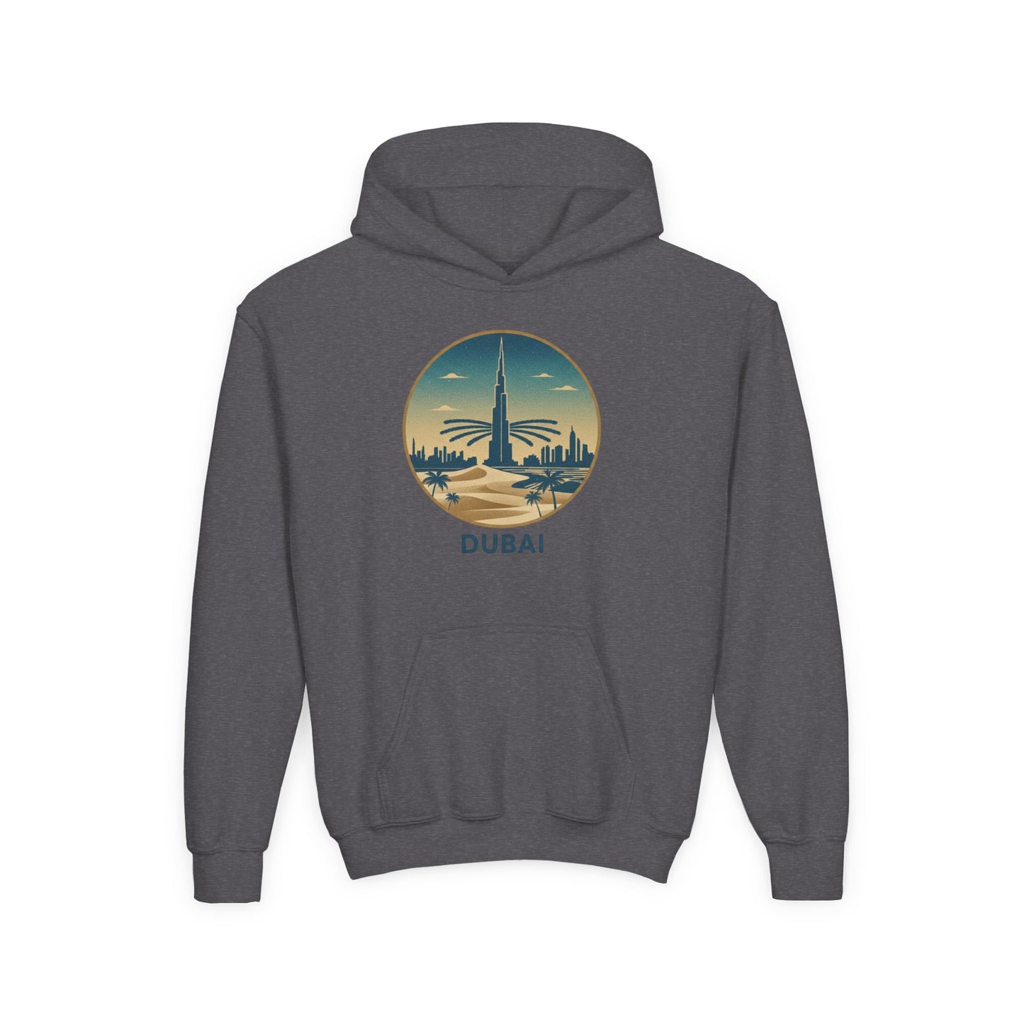 Dubai Skyline Youth Hoodie — Retro Desert Sunset Travel Sweatshirt