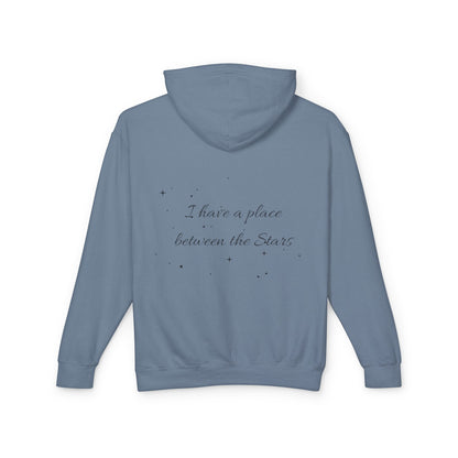 Starry Script Hoodie — "I Have a Place Between the Stars" Lightweight Pullover