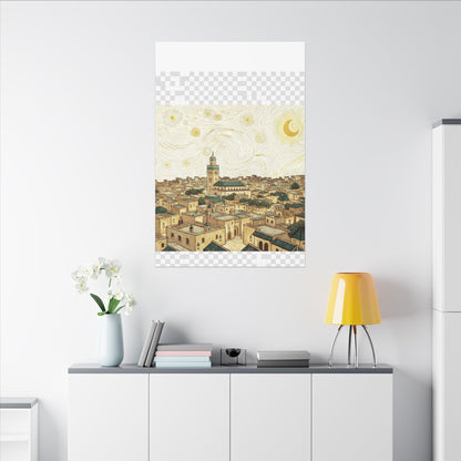 Moroccan Cityscape Canvas Print — Starry Night-Inspired Mosque Wall Art