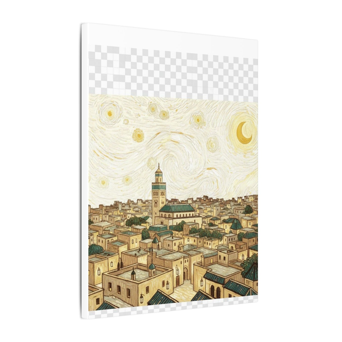 Moroccan Cityscape Canvas Print — Starry Night-Inspired Mosque Wall Art