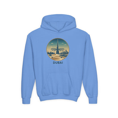 Dubai Skyline Youth Hoodie — Retro Desert Sunset Travel Sweatshirt