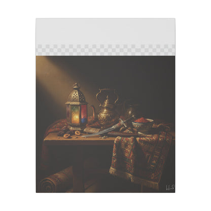 Oriental Still Life Canvas — Vintage Brass Teapot & Lantern Wall Art