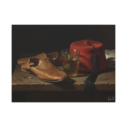 Still Life Canvas Print — Leather Shoes & Red Fez Wall Art