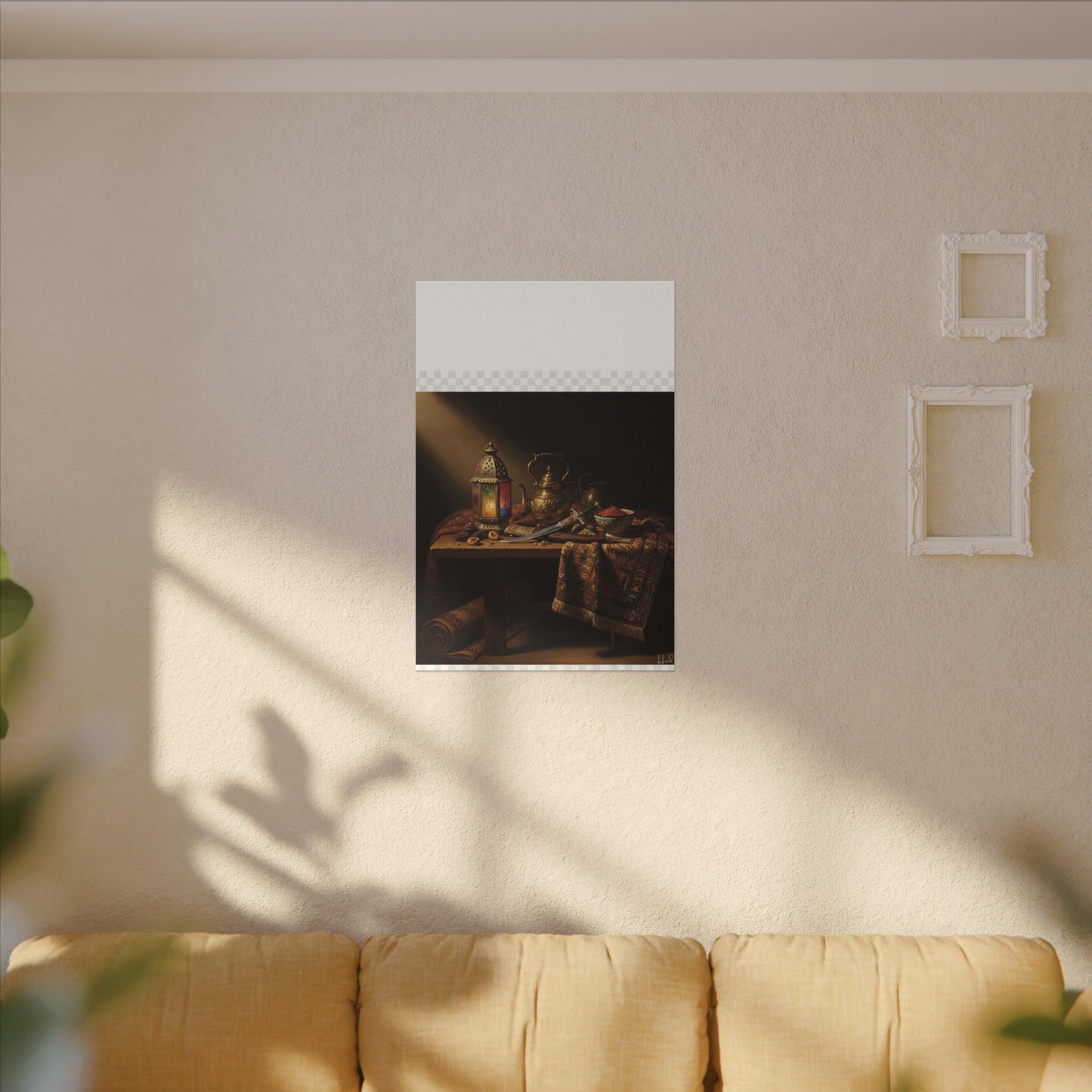 Oriental Still Life Canvas — Vintage Brass Teapot & Lantern Wall Art