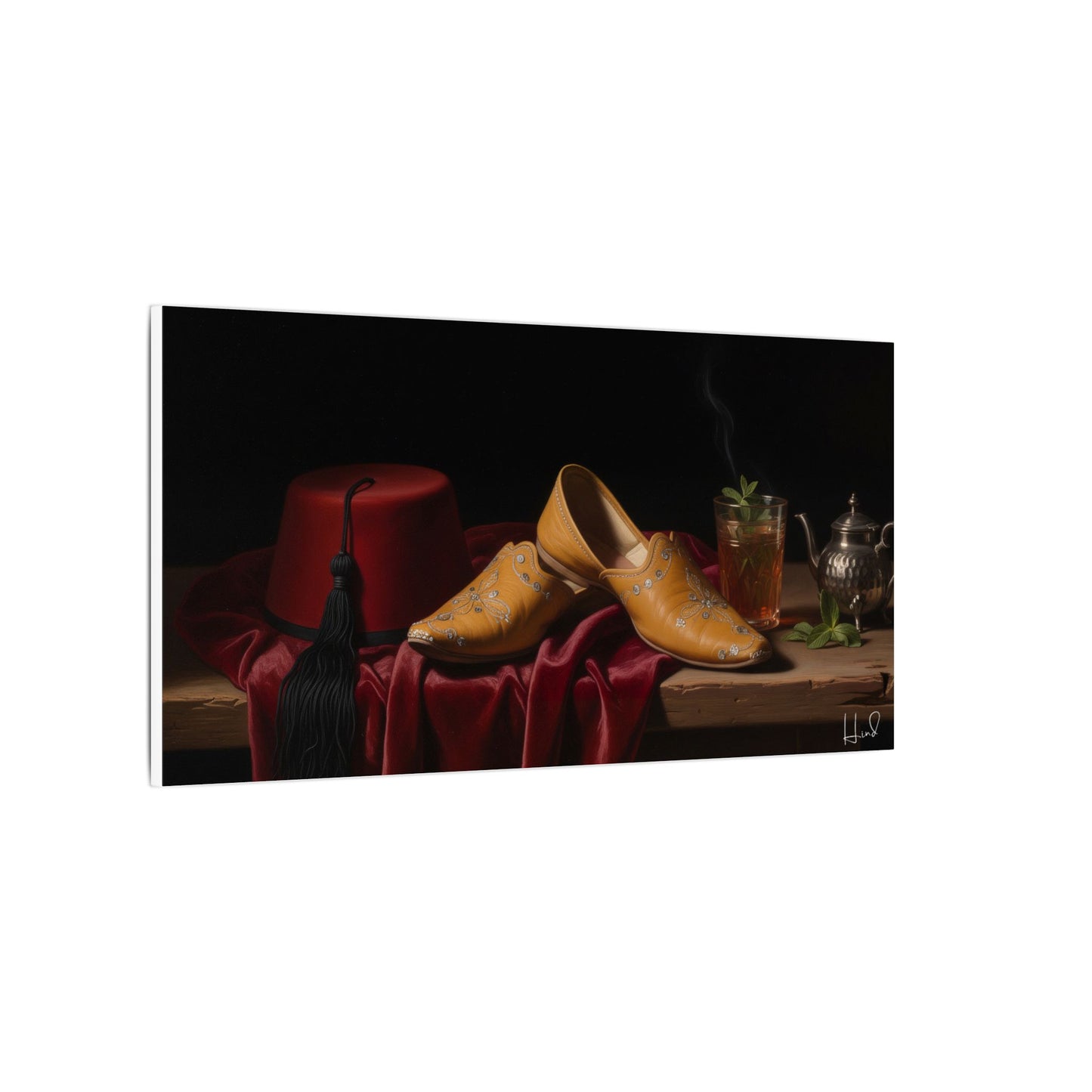 Nature morte sur toile — Chaussures en cuir et fez, décoration murale