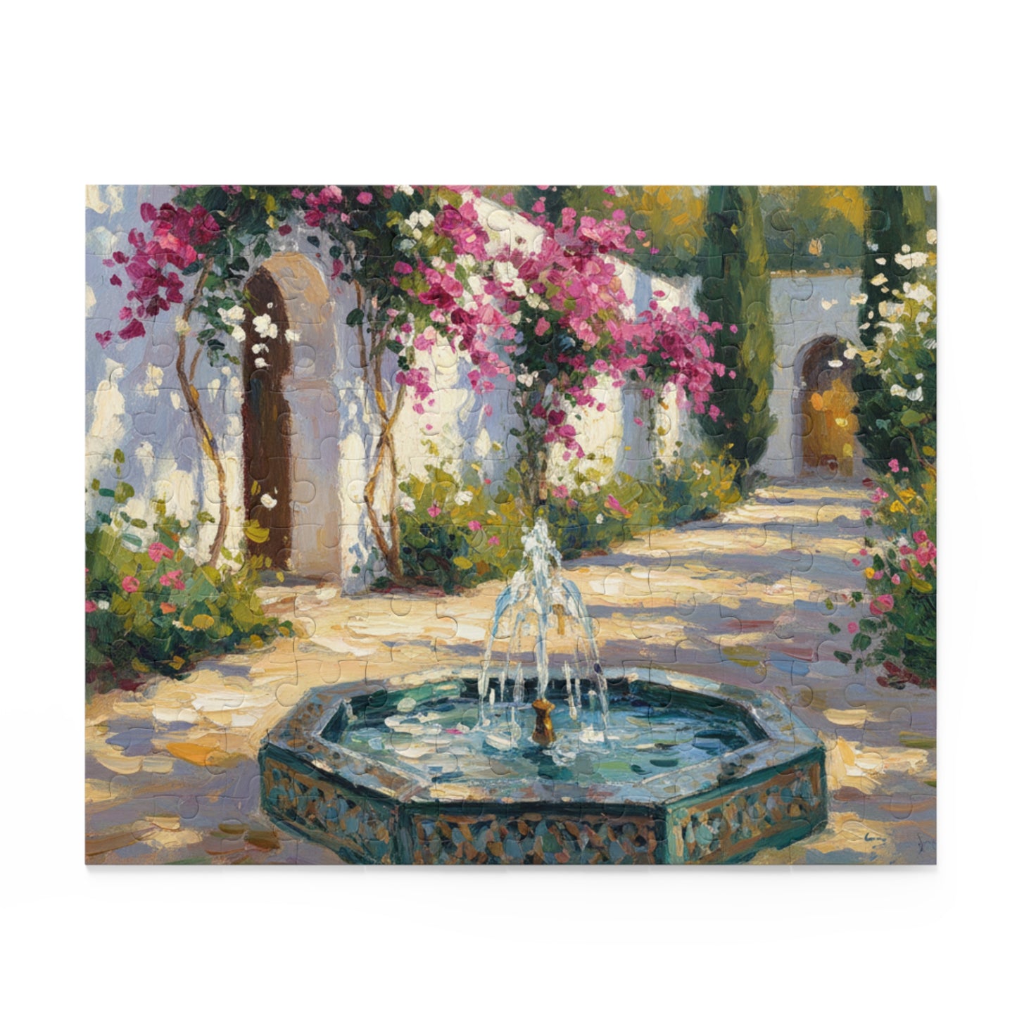 Mediterranean Courtyard Puzzle — Fountain & Bougainvillea 120/252/500-Piece Jigsaw