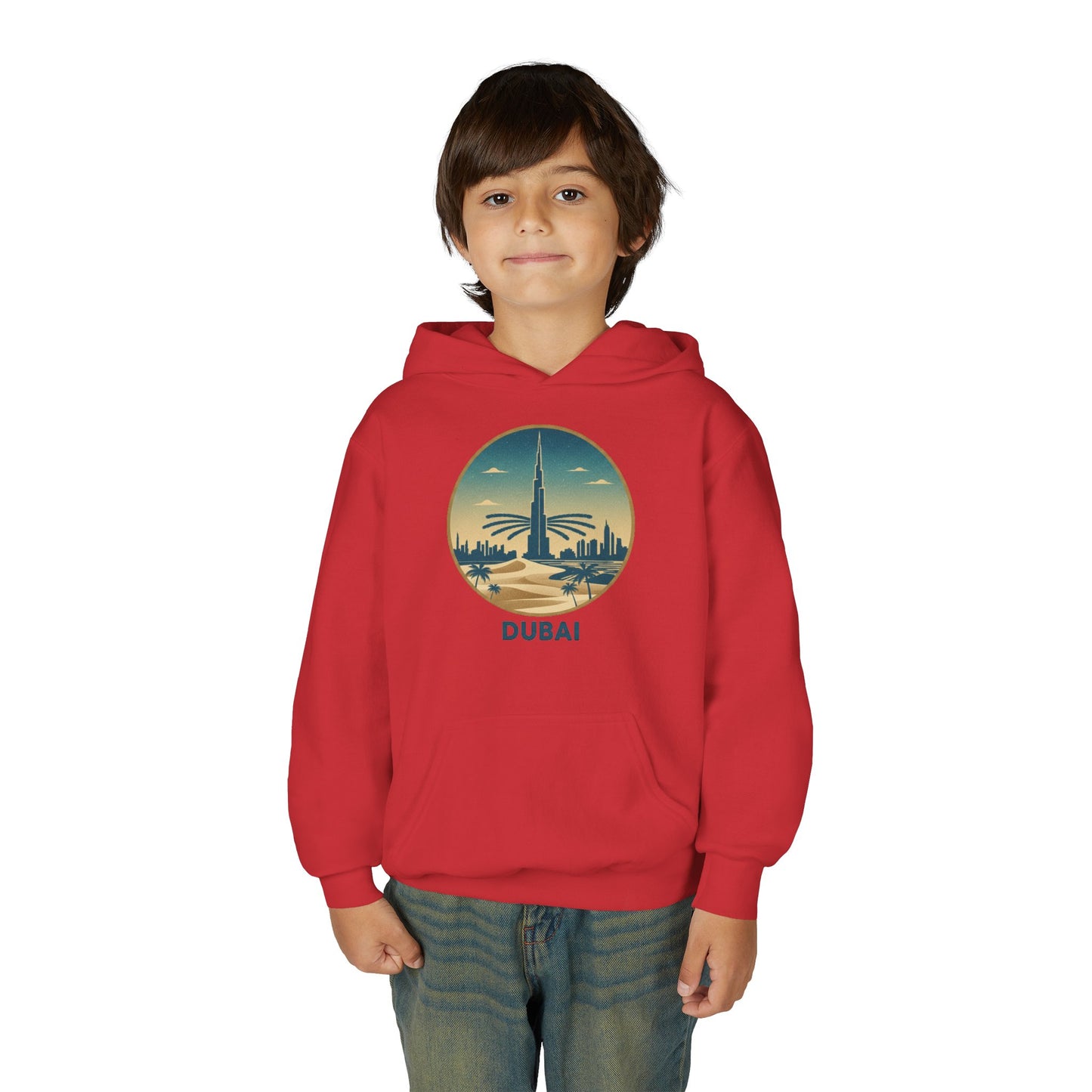 Dubai Skyline Youth Hoodie — Retro Desert Sunset Travel Sweatshirt