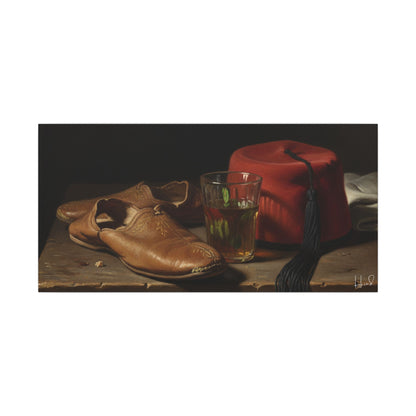 Still Life Canvas Print — Leather Shoes & Red Fez Wall Art