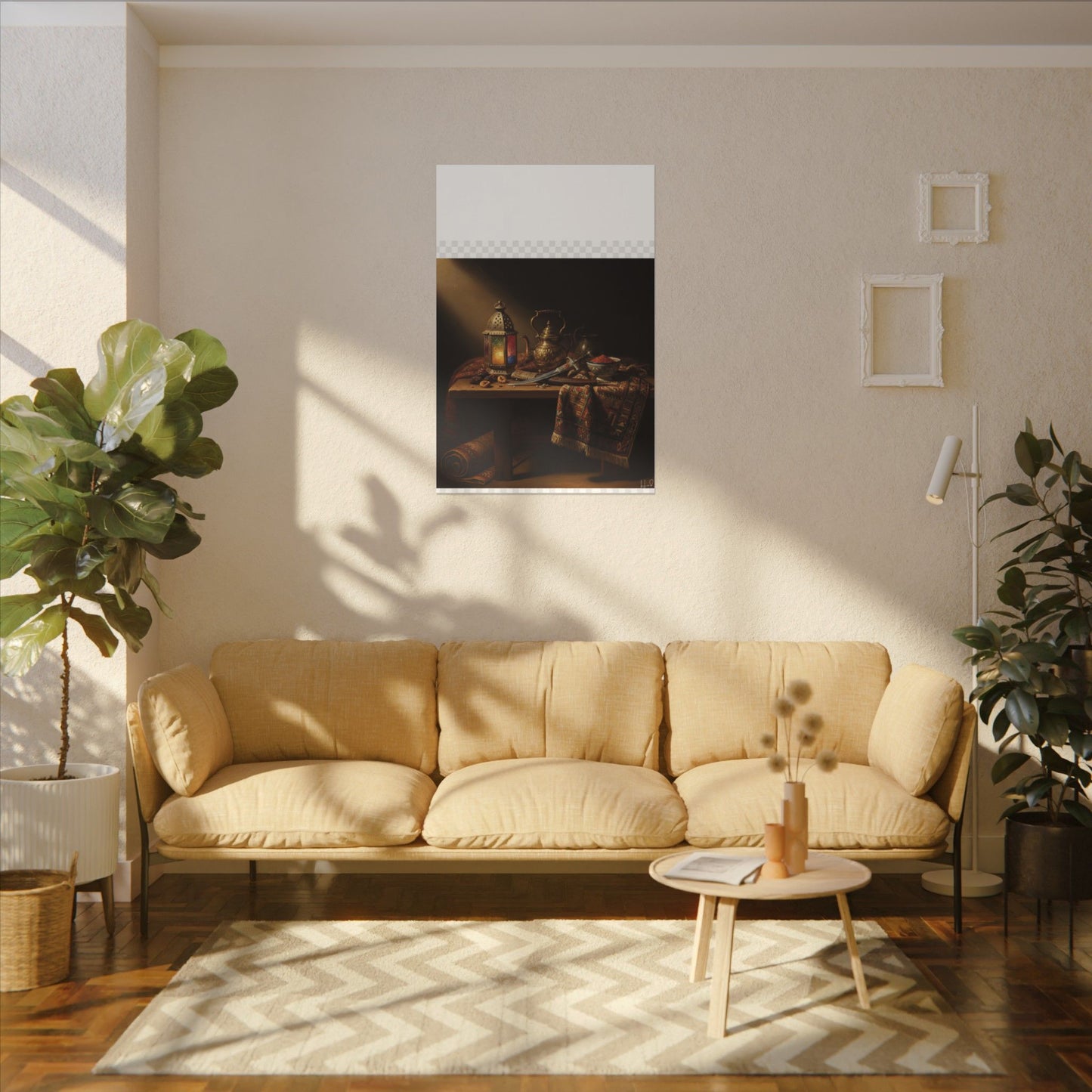 Oriental Still Life Canvas — Vintage Brass Teapot & Lantern Wall Art