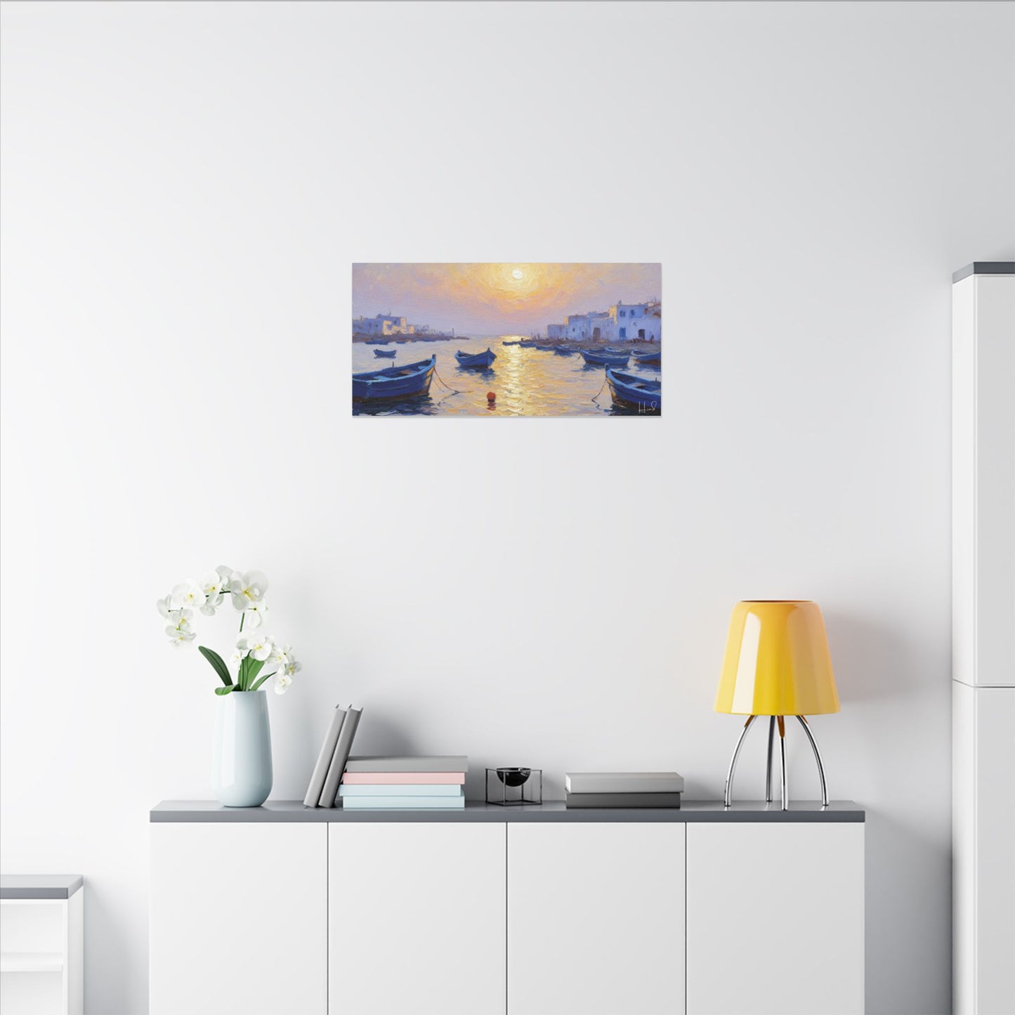 Seaside Sunset Canvas Print — Boats on Tranquil Harbor Wall Art