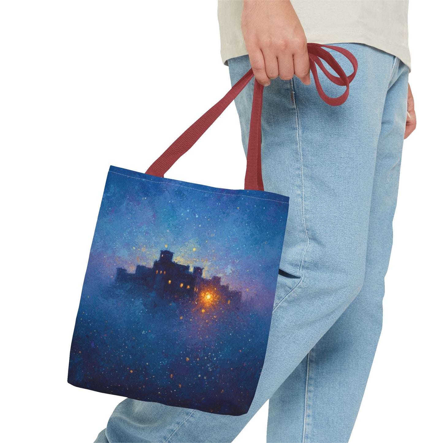Starry Night Castle Tote Bag — Mystical Galaxy Scene All-Over Print