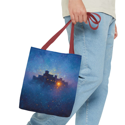 Starry Night Castle Tote Bag — Mystical Galaxy Scene All-Over Print