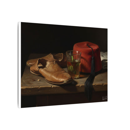 Still Life Canvas Print — Leather Shoes & Red Fez Wall Art
