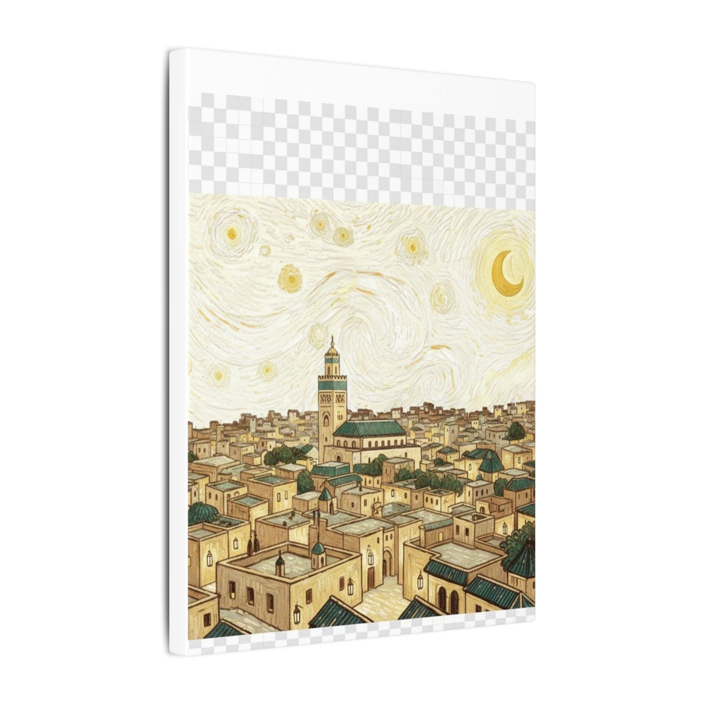 Moroccan Cityscape Canvas Print — Starry Night-Inspired Mosque Wall Art